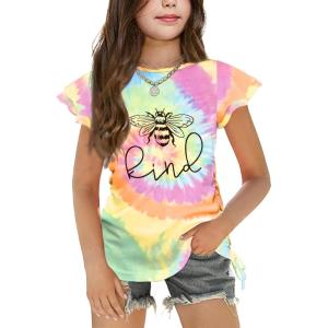 Arshiner Girls T Shirts Ruffle Short Sleeve Ruched Knot Side Tunic Blouse Summer Tee Tops(Tie Dye Bee)