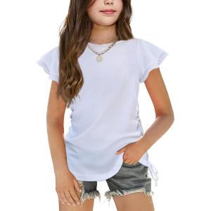Arshiner Girls T Shirts Ruffle Short Sleeve Ruched Knot Side Tunic Blouse Summer Tee Tops(White)