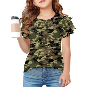 Arshiner Girls T Shirts Ruffle Short Sleeve Summer Pleated Crewneck Casual Tops Tees Blouses(Camo)