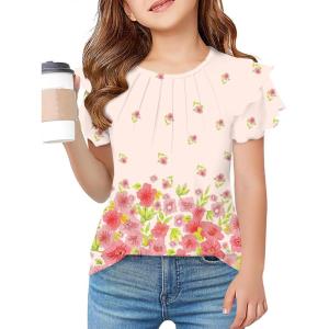 Arshiner Girls T Shirts Ruffle Short Sleeve Summer Pleated Crewneck Casual Tops Tees Blouses(Floral Pink)
