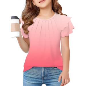 Arshiner Girls T Shirts Ruffle Short Sleeve Summer Pleated Crewneck Casual Tops Tees Blouses(Gradient Light Pink)