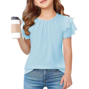 Arshiner Girls T Shirts Ruffle Short Sleeve Summer Pleated Crewneck Casual Tops Tees Blouses(Light Blue)