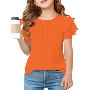 Arshiner Girls T Shirts Ruffle Short Sleeve Summer Pleated Crewneck Casual Tops Tees Blouses(Orange)