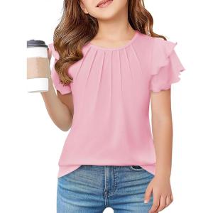 Arshiner Girls T Shirts Ruffle Short Sleeve Summer Pleated Crewneck Casual Tops Tees Blouses(Pink)
