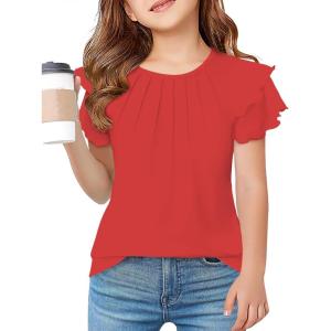 Arshiner Girls T Shirts Ruffle Short Sleeve Summer Pleated Crewneck Casual Tops Tees Blouses(Red)