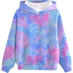 Arshiner Girls Tie Dye Sweatshirts Loose Casual Hoodies Long Sleeve Pullover Hooded Tops With Pockets(Purple & Blue)