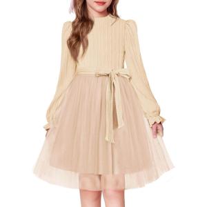 Arshiner Girls Tulle Dress Puff Long Sleeve Mock Neck Cable Knit Sweater Formal Casual Fall Winter Tutu Dresses with Belt(Apricot)
