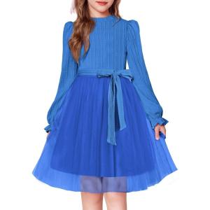 Arshiner Girls Tulle Dress Puff Long Sleeve Mock Neck Cable Knit Sweater Formal Casual Fall Winter Tutu Dresses with Belt(Blue)