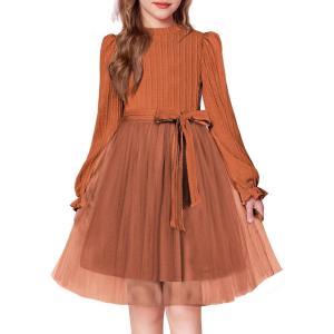 Arshiner Girls Tulle Dress Puff Long Sleeve Mock Neck Cable Knit Sweater Formal Casual Fall Winter Tutu Dresses with Belt(Caramel)