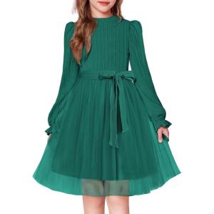 Arshiner Girls Tulle Dress Puff Long Sleeve Mock Neck Cable Knit Sweater Formal Casual Fall Winter Tutu Dresses with Belt(Green)