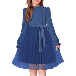Arshiner Girls Tulle Dress Puff Long Sleeve Mock Neck Cable Knit Sweater Formal Casual Fall Winter Tutu Dresses with Belt(Navy Blue)