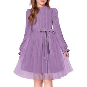Arshiner Girls Tulle Dress Puff Long Sleeve Mock Neck Cable Knit Sweater Formal Casual Fall Winter Tutu Dresses with Belt(Purple)