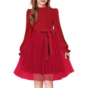 Arshiner Girls Tulle Dress Puff Long Sleeve Mock Neck Cable Knit Sweater Formal Casual Fall Winter Tutu Dresses with Belt(Red)