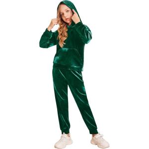 Arshiner Girls Velour 2 Pieces Tracksuits Outfits Athletic Hoodies Sweatshirts and Sweatpants Athletic Clothing Sets(Green)