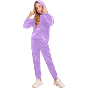 Arshiner Girls Velour 2 Pieces Tracksuits Outfits Athletic Hoodies Sweatshirts and Sweatpants Athletic Clothing Sets(Purple)