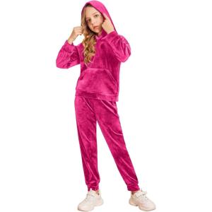 Arshiner Girls Velour 2 Pieces Tracksuits Outfits Athletic Hoodies Sweatshirts and Sweatpants Athletic Clothing Sets(Rose Red)