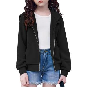 Arshiner Girls Zip Up Cropped Hoodies Teen Casual Long Sleeve Full-Zip Sweatshirts Jackets with Pockets(Black)