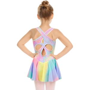 Arshiner Kid Girls Hollow Back Ballet Leotard with Skirt Sleeveless Dance Dresses(Rainbow Leopard)