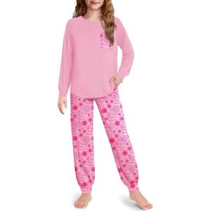 Arshiner Pajamas for Girls Long Sleeve Pjs Set Soft Lounge Sets Ankle Cuff Sleepwear(Pink Flower)