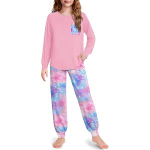 Arshiner Pajamas for Girls Long Sleeve Pjs Set Soft Lounge Sets Ankle Cuff Sleepwear(Pink Tie Die)