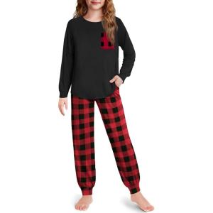 Arshiner Pajamas for Girls Long Sleeve Pjs Set Soft Lounge Sets Ankle Cuff Sleepwear(Red Black Plaid)