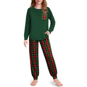 Arshiner Pajamas for Girls Long Sleeve Pjs Set Soft Lounge Sets Ankle Cuff Sleepwear(Red Green Plaid)