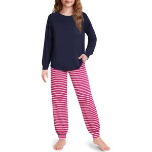 Arshiner Pajamas for Girls Long Sleeve Pjs Set Soft Lounge Sets Ankle Cuff Sleepwear(Red Striped)