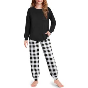 Arshiner Pajamas for Girls Long Sleeve Pjs Set Soft Lounge Sets Ankle Cuff Sleepwear(White Black Plaid)