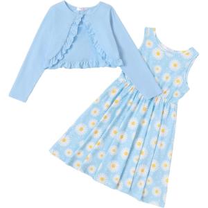 Arshiner Toddler Dress and Cardigan Girl Floral Print Sleeveless Sundress and Long Sleeve Shrugs Sets(Blue-daisy)