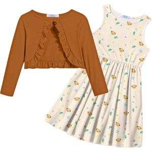 Arshiner Toddler Dress and Cardigan Girl Floral Print Sleeveless Sundress and Long Sleeve Shrugs Sets(Brown-teddy Bear)