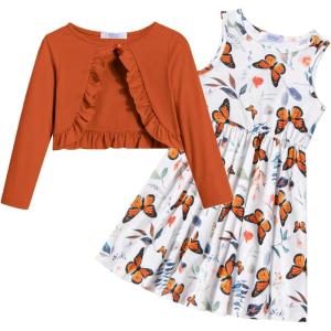 Arshiner Toddler Dress and Cardigan Girl Floral Print Sleeveless Sundress and Long Sleeve Shrugs Sets(Caramel-butterfly)