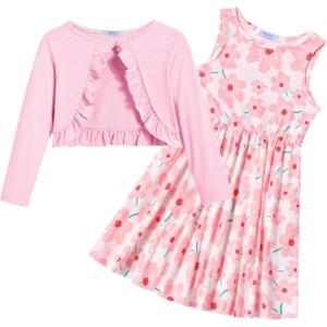 Arshiner Toddler Dress and Cardigan Girl Floral Print Sleeveless Sundress and Long Sleeve Shrugs Sets(Pink-floral)