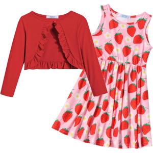 Arshiner Toddler Dress and Cardigan Girl Floral Print Sleeveless Sundress and Long Sleeve Shrugs Sets(Red-strawberry)