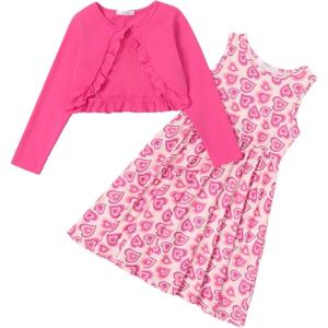 Arshiner Toddler Dress and Cardigan Girl Floral Print Sleeveless Sundress and Long Sleeve Shrugs Sets(Rose Pink-heart)