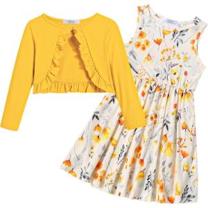 Arshiner Toddler Dress and Cardigan Girl Floral Print Sleeveless Sundress and Long Sleeve Shrugs Sets(Yellow-floral)