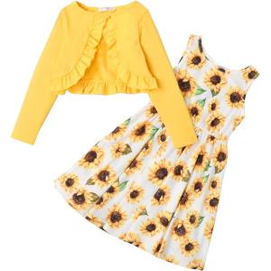 Arshiner Toddler Dress and Cardigan Girl Floral Print Sleeveless Sundress and Long Sleeve Shrugs Sets(Yellow-sunflower 1)