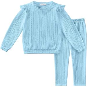Arshiner Toddler Girl 2Pcs Ribbed Knit Clothes Ruffle Trim Long-sleeve Pullover Sweatshirt and Leggings Fall Outfits 1-6T(Light Blue)