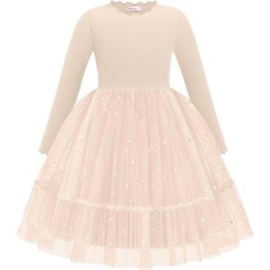 Arshiner Toddler Girl Tutu Dress Fall Winter Long Sleeve Star Sequin Holiday Party Tulle Dresses 2-6Y(Beige)