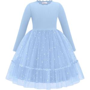 Arshiner Toddler Girl Tutu Dress Fall Winter Long Sleeve Star Sequin Holiday Party Tulle Dresses 2-6Y(Blue)
