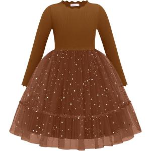 Arshiner Toddler Girl Tutu Dress Fall Winter Long Sleeve Star Sequin Holiday Party Tulle Dresses 2-6Y(Brown)