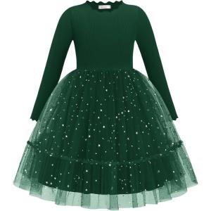 Arshiner Toddler Girl Tutu Dress Fall Winter Long Sleeve Star Sequin Holiday Party Tulle Dresses 2-6Y(Green)