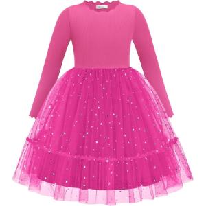 Arshiner Toddler Girl Tutu Dress Fall Winter Long Sleeve Star Sequin Holiday Party Tulle Dresses 2-6Y(Hot Pink)
