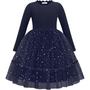 Arshiner Toddler Girl Tutu Dress Fall Winter Long Sleeve Star Sequin Holiday Party Tulle Dresses 2-6Y(Navy Blue)