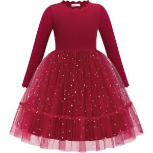 Arshiner Toddler Girl Tutu Dress Fall Winter Long Sleeve Star Sequin Holiday Party Tulle Dresses 2-6Y(Red)