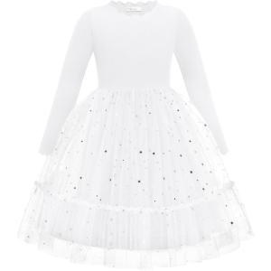 Arshiner Toddler Girl Tutu Dress Fall Winter Long Sleeve Star Sequin Holiday Party Tulle Dresses 2-6Y(White)