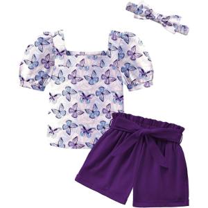 Arshiner Toddler Girls 3 Piece Outfit Set Puff Sleeve Square Neck Top with Shorts and Matching Headband Summer Clothes 2T-8Y(Butterfly)