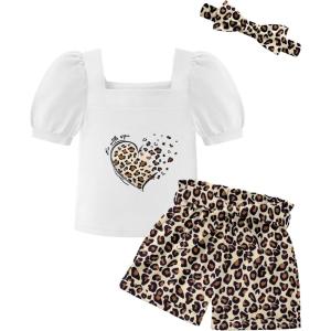 Arshiner Toddler Girls 3 Piece Outfit Set Puff Sleeve Square Neck Top with Shorts and Matching Headband Summer Clothes 2T-8Y(Leopard)