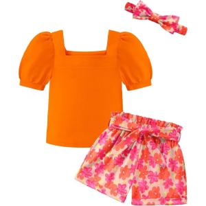 Arshiner Toddler Girls 3 Piece Outfit Set Puff Sleeve Square Neck Top with Shorts and Matching Headband Summer Clothes 2T-8Y(Orange)