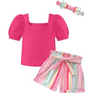 Arshiner Toddler Girls 3 Piece Outfit Set Puff Sleeve Square Neck Top with Shorts and Matching Headband Summer Clothes 2T-8Y(Pink Stripe)