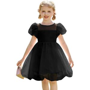 Arshiner Toddler Girls Dress Contrast Mesh Puff Short Sleeve Flowy Bubble Hem Organza Casual Party Dresses Size 2-6(Black)